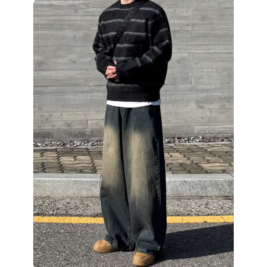 【YT SHOP】韓國｜🇰🇷｜黑白條紋毛衣｜老錢風條紋圓領毛衣男冬季保暖寬鬆針織衫韓系日常通勤穿搭-細節圖4