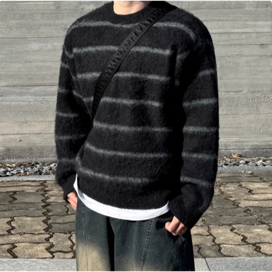 【YT SHOP】韓國｜🇰🇷｜黑白條紋毛衣｜老錢風條紋圓領毛衣男冬季保暖寬鬆針織衫韓系日常通勤穿搭-規格圖4