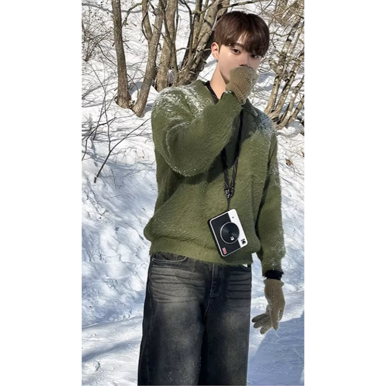 【YT SHOP】韓國｜🇰🇷｜海馬毛針織毛衣｜輕熟風貂毛感翻領毛衣男冬季保暖寬鬆針織衫韓系通勤風穿搭-細節圖3