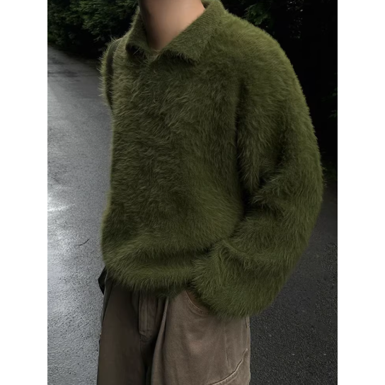 【YT SHOP】韓國｜🇰🇷｜海馬毛針織毛衣｜輕熟風貂毛感翻領毛衣男冬季保暖寬鬆針織衫韓系通勤風穿搭-規格圖3