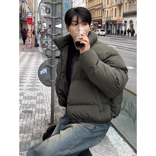 【YT SHOP】韓國｜🇰🇷｜麵包羽絨外套夾克｜青墨綠短版鋪棉立領麵包夾克-細節圖3