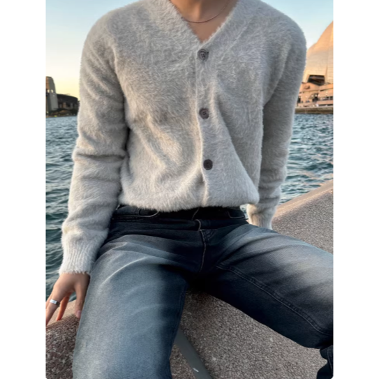 【YT SHOP】韓國｜🇰🇷｜針織毛衣｜軟糯V領針織開襟衫男冬季保暖親膚寬鬆毛衣韓系慵懶風穿搭-細節圖3