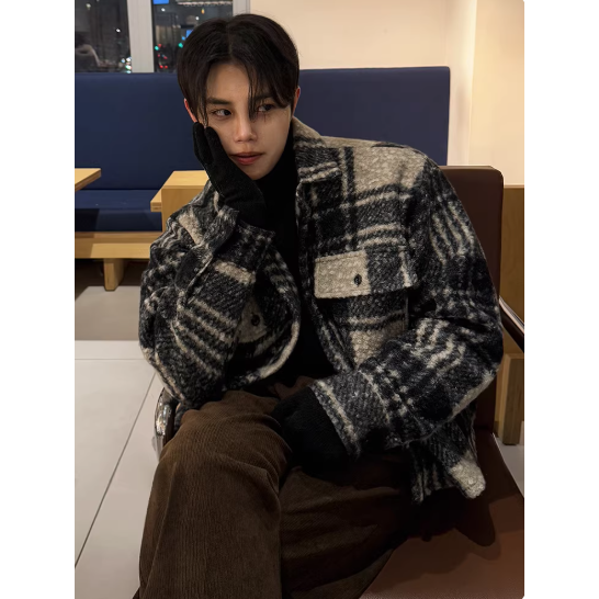 【YT SHOP】韓國｜🇰🇷｜絨毛格紋紳士夾克外套｜小香風格子夾克男冬季加厚寬鬆 外套韓系 通勤 穿搭-細節圖2