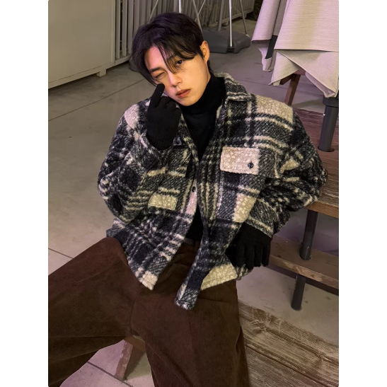 【YT SHOP】韓國｜🇰🇷｜絨毛格紋紳士夾克外套｜小香風格子夾克男冬季加厚寬鬆 外套韓系 通勤 穿搭-細節圖3