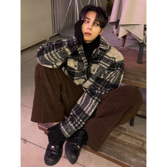 【YT SHOP】韓國｜🇰🇷｜絨毛格紋紳士夾克外套｜小香風格子夾克男冬季加厚寬鬆 外套韓系 通勤 穿搭-規格圖4