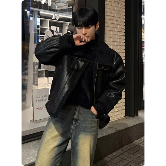 【YT SHOP】韓國｜🇰🇷｜翻領羔毛皮衣夾克｜翻領pu皮棉衣男士冬季保暖寬鬆羊羔毛外套韓系穿搭-細節圖2