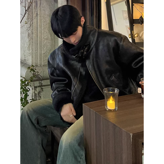 【YT SHOP】韓國｜🇰🇷｜翻領羔毛皮衣夾克｜翻領pu皮棉衣男士冬季保暖寬鬆羊羔毛外套韓系穿搭-細節圖3