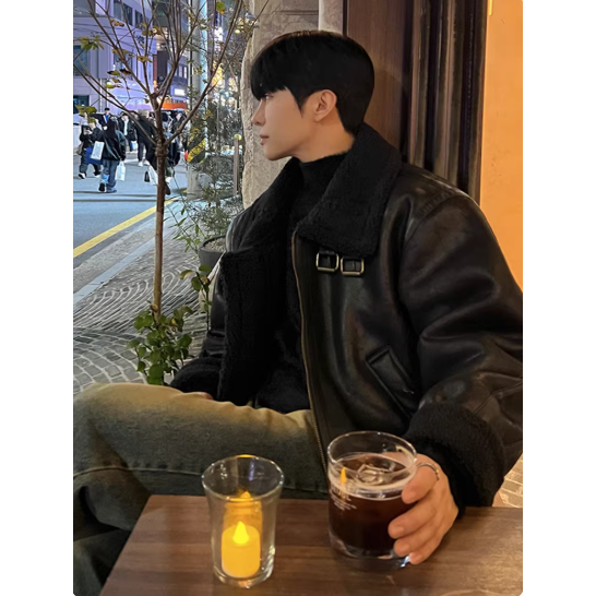 【YT SHOP】韓國｜🇰🇷｜翻領羔毛皮衣夾克｜翻領pu皮棉衣男士冬季保暖寬鬆羊羔毛外套韓系穿搭-細節圖4