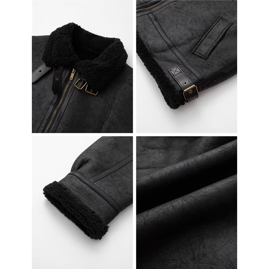 【YT SHOP】韓國｜🇰🇷｜翻領羔毛皮衣夾克｜翻領pu皮棉衣男士冬季保暖寬鬆羊羔毛外套韓系穿搭-細節圖6