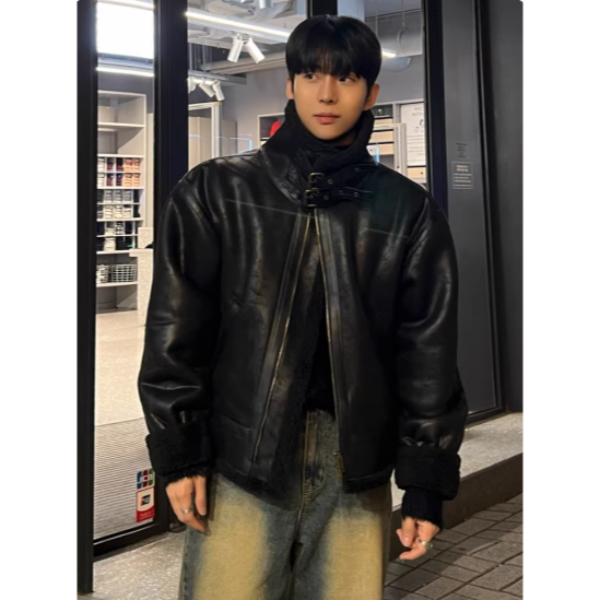 【YT SHOP】韓國｜🇰🇷｜翻領羔毛皮衣夾克｜翻領pu皮棉衣男士冬季保暖寬鬆羊羔毛外套韓系穿搭-規格圖6