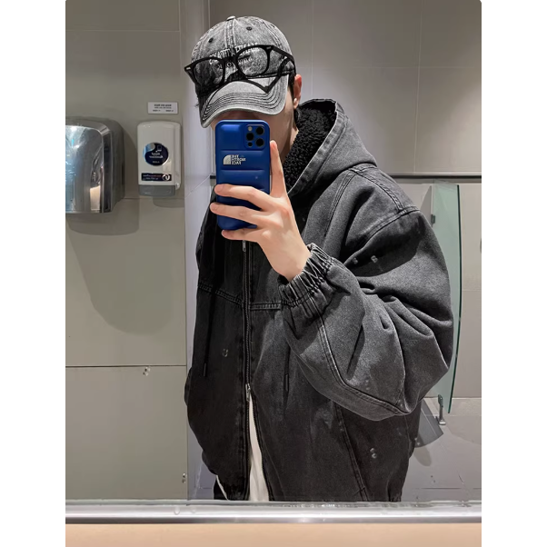 【YT SHOP】韓國｜🇰🇷｜連帽牛仔外套｜寬鬆 落肩 帽裡羔毛 雙拉鍊外套 毛絨 保暖 冬季 穿搭-細節圖2