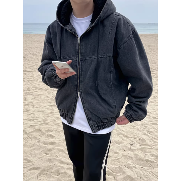 【YT SHOP】韓國｜🇰🇷｜連帽牛仔外套｜寬鬆 落肩 帽裡羔毛 雙拉鍊外套 毛絨 保暖 冬季 穿搭-細節圖4