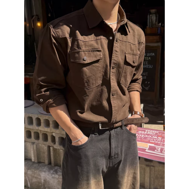 【YT SHOP】韓國｜🇰🇷｜男款｜復古風工裝長袖襯衫 外套 工裝外套 復古 韓系工裝-細節圖2