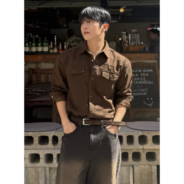 【YT SHOP】韓國｜🇰🇷｜男款｜復古風工裝長袖襯衫 外套 工裝外套 復古 韓系工裝-細節圖4