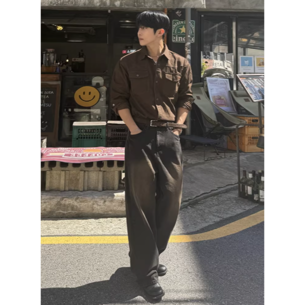 【YT SHOP】韓國｜🇰🇷｜男款｜韓系復古做舊闊腿牛仔褲 刷舊牛仔褲 復古 暗黑 長褲 闊腿褲-細節圖2