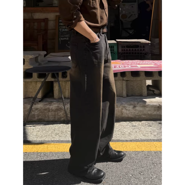 【YT SHOP】韓國｜🇰🇷｜男款｜韓系復古做舊闊腿牛仔褲 刷舊牛仔褲 復古 暗黑 長褲 闊腿褲-細節圖3