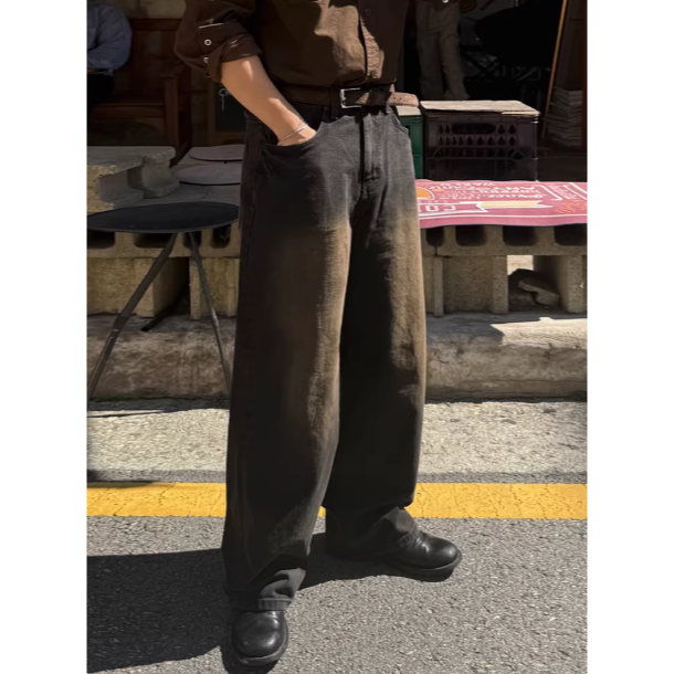 【YT SHOP】韓國｜🇰🇷｜男款｜韓系復古做舊闊腿牛仔褲 刷舊牛仔褲 復古 暗黑 長褲 闊腿褲-規格圖4