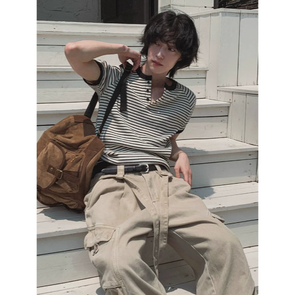 【YT SHOP】滿額送贈禮｜韓國｜🇰🇷｜顯肌日系撞色條紋短袖T｜男夏季亨利領修身 上衣韓系 通勤穿搭-規格圖6
