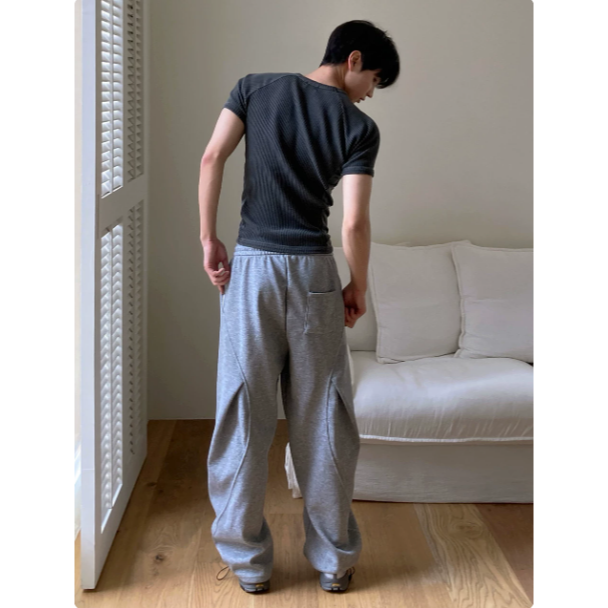 【YT SHOP】滿額送贈禮｜韓國｜🇰🇷｜鬆弛感運動灰色棉褲 設計感｜男士夏季寬腿直筒休閒褲子韓系通勤-規格圖5