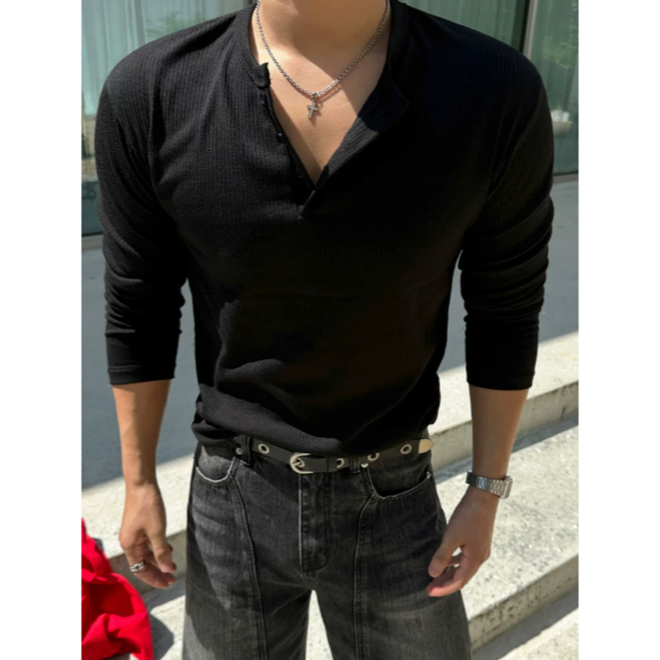 【YT SHOP】滿額送贈品｜韓國｜🇰🇷｜亨利領長袖歐巴長T｜亨利領長袖T卹男士秋季修身肌理感打底衫韓系通勤風穿搭-細節圖3