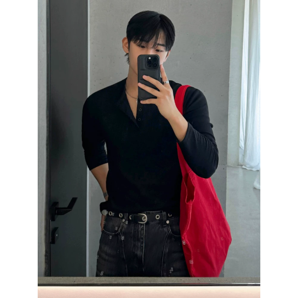 【YT SHOP】滿額送贈品｜韓國｜🇰🇷｜亨利領長袖歐巴長T｜亨利領長袖T卹男士秋季修身肌理感打底衫韓系通勤風穿搭-細節圖4