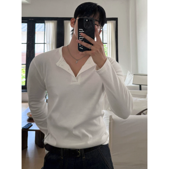 【YT SHOP】滿額送贈品｜韓國｜🇰🇷｜亨利領長袖歐巴長T｜亨利領長袖T卹男士秋季修身肌理感打底衫韓系通勤風穿搭-細節圖6