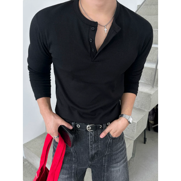 【YT SHOP】滿額送贈品｜韓國｜🇰🇷｜亨利領長袖歐巴長T｜亨利領長袖T卹男士秋季修身肌理感打底衫韓系通勤風穿搭-規格圖8