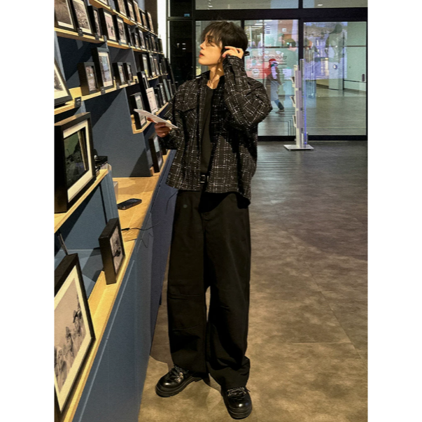 【YT SHOP】滿額送贈品｜韓國｜🇰🇷｜小香風格紋襯衫外套｜小香風格紋襯衫外套男士秋季寬鬆休閒襯衣韓系翻領工裝-細節圖5