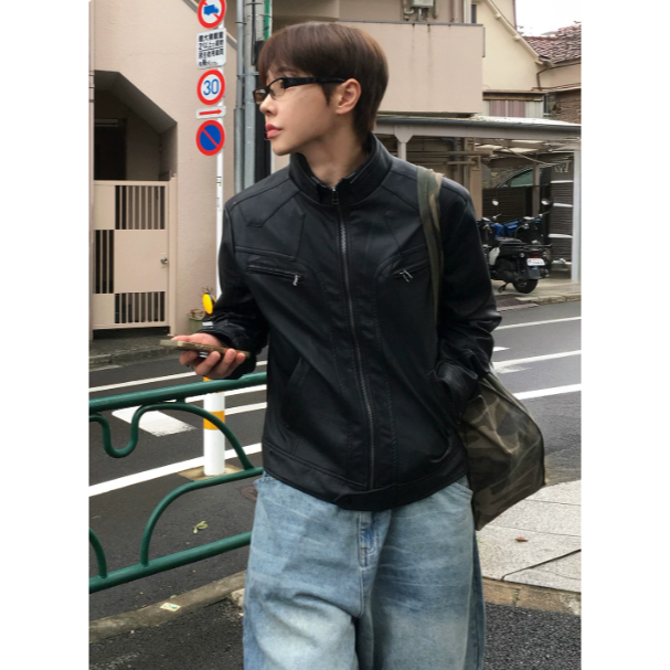 【YT SHOP】滿額送贈品｜韓國｜🇰🇷｜復古風短款皮外套｜短款機車皮衣男士秋季立領PU皮夾克韓系痞帥寬鬆外套-細節圖5