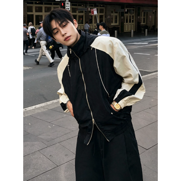 【YT SHOP】滿額送贈品｜韓國｜🇰🇷｜雙拉鍊衝鋒外套｜機能風連帽衝鋒衣男士秋季撞色雙拉鍊夾克韓系寬鬆休閒外套-細節圖4
