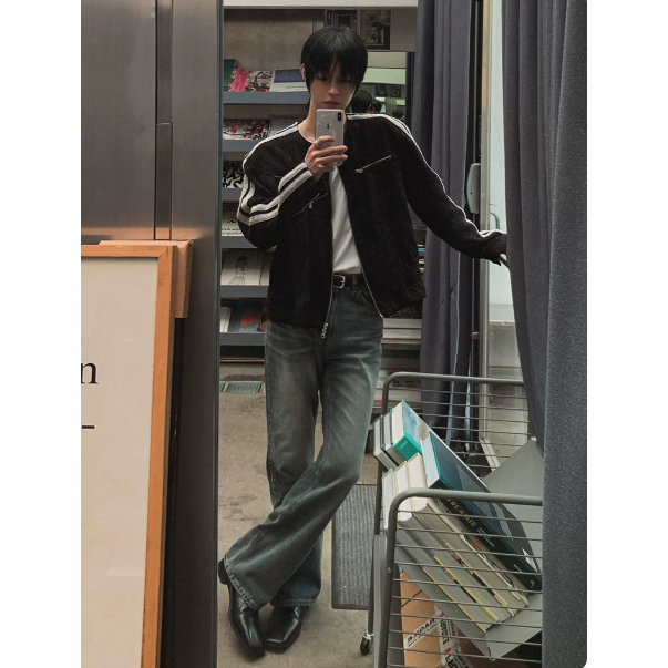【YT SHOP】滿額送贈品｜韓國｜🇰🇷｜小香風短款外套｜小香風短版外套男士秋季復古寬鬆條紋夾克韓系通勤百搭上衣-細節圖4
