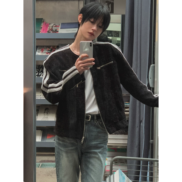 【YT SHOP】滿額送贈品｜韓國｜🇰🇷｜小香風短款外套｜小香風短版外套男士秋季復古寬鬆條紋夾克韓系通勤百搭上衣-細節圖5
