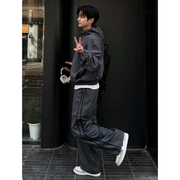 【YT SHOP】滿額送贈品｜韓國｜🇰🇷｜韓系機能衝鋒外套長褲套裝｜闊腿直筒長褲秋季寬鬆連帽衝鋒衣外套韓系運動套裝-細節圖3