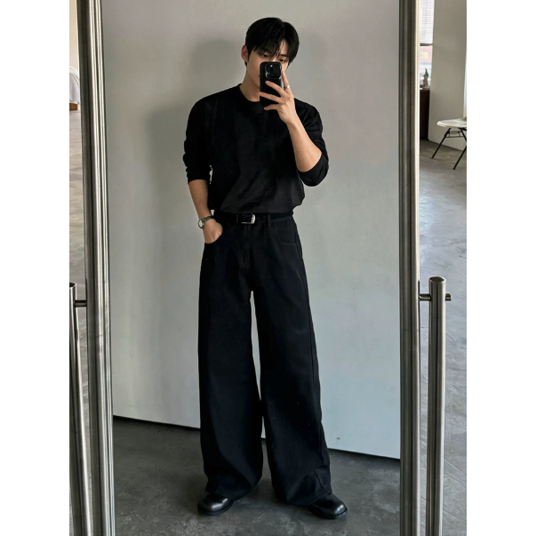 【YT SHOP】滿額送贈品｜韓國｜🇰🇷｜絕佳版型彎刀褲｜復古風闊腿牛仔褲男士秋季寬鬆直筒拖地褲韓系 彎刀褲-細節圖5