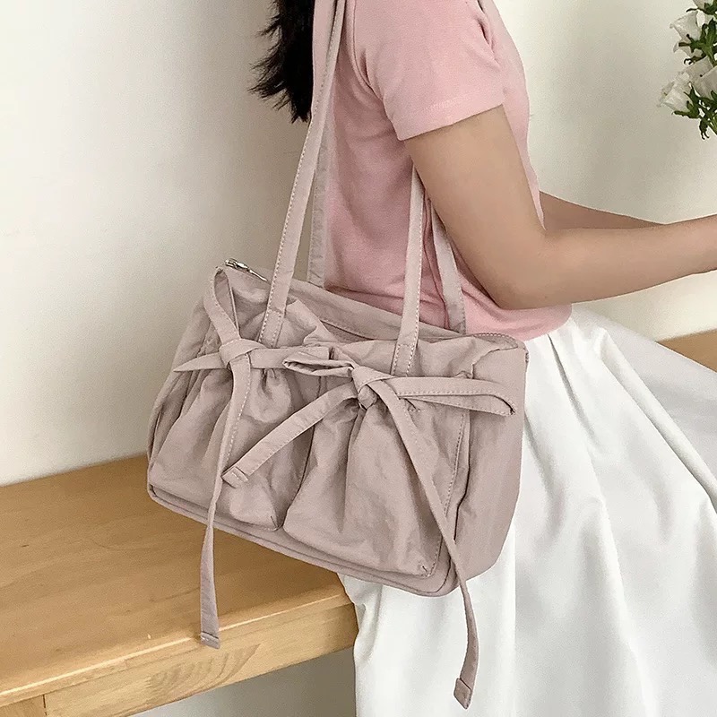 「V+ACC」蝴蝶結托特包 輕量尼龍大容量 米白 霧粉 寶寶藍-規格圖5