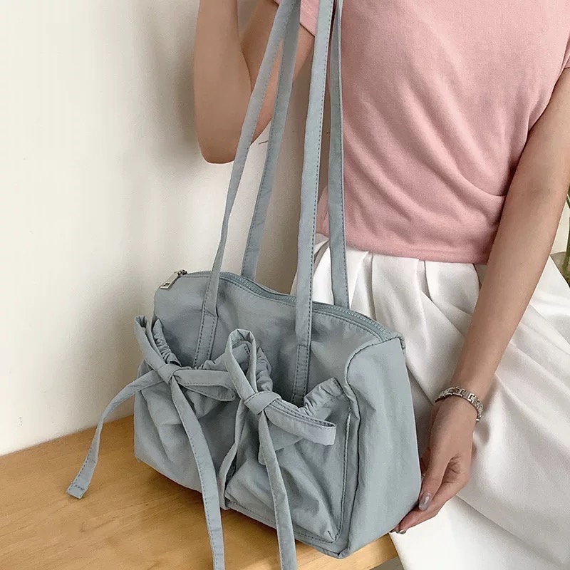 「V+ACC」蝴蝶結托特包 輕量尼龍大容量 米白 霧粉 寶寶藍-規格圖5