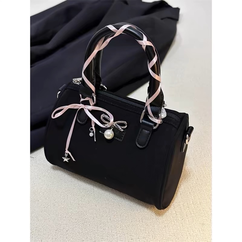 「V+ACC」麂皮質感芭蕾緞帶波士頓包 手提包 Y2K 珍珠蝴蝶結-細節圖3