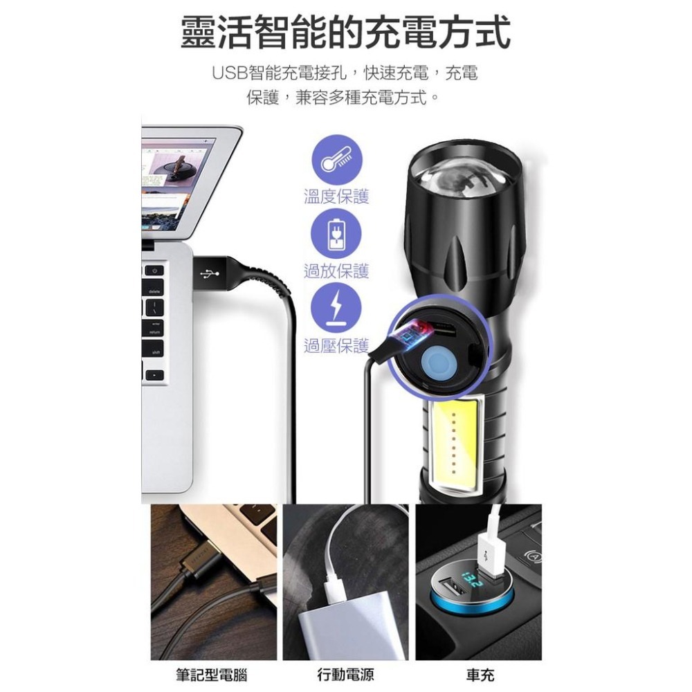【HJY】L3手電筒 鋁合金手電筒 強光LED三段調光 大容量電池 USB充電 COB強光側燈 方便攜帶快速散熱-細節圖8