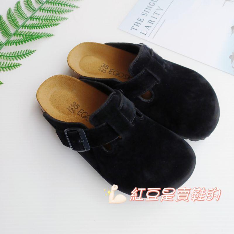 <紅豆是賣鞋的>女生款全黑半包拖鞋、💯台灣純手工製造懶人鞋、全黑絨面穆勒鞋、中底牛皮透氣+專利避震舒軟墊、好穿舒適拖鞋-細節圖2