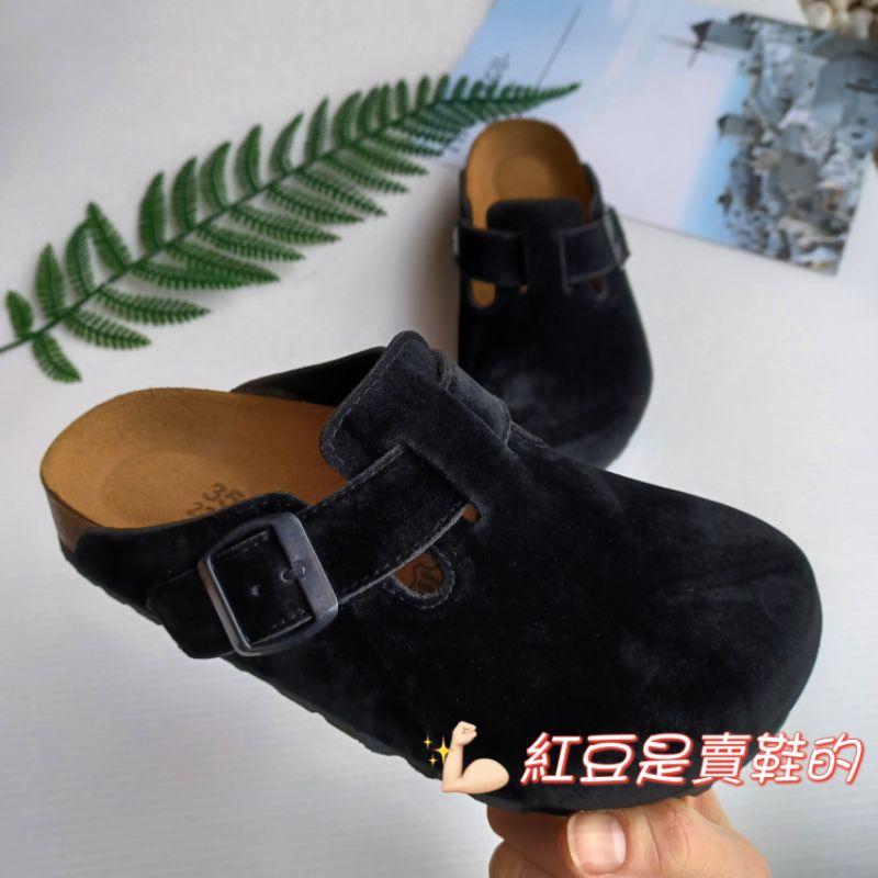<紅豆是賣鞋的>女生款全黑半包拖鞋、💯台灣純手工製造懶人鞋、全黑絨面穆勒鞋、中底牛皮透氣+專利避震舒軟墊、好穿舒適拖鞋-細節圖4
