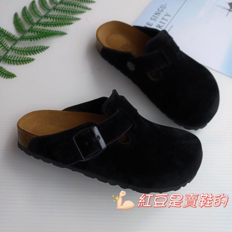 <紅豆是賣鞋的>女生款全黑半包拖鞋、💯台灣純手工製造懶人鞋、全黑絨面穆勒鞋、中底牛皮透氣+專利避震舒軟墊、好穿舒適拖鞋-細節圖6
