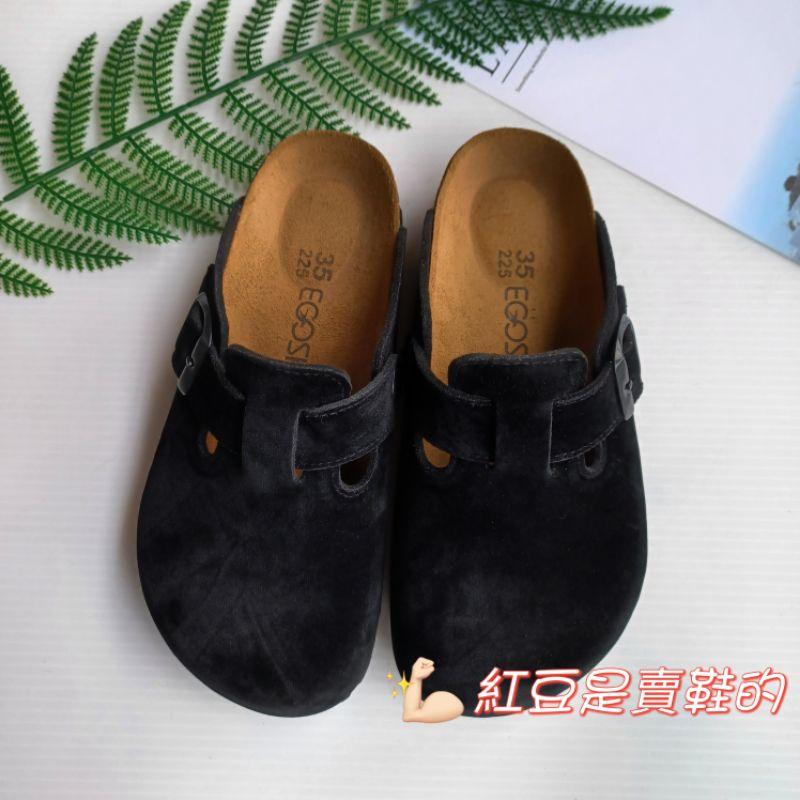 <紅豆是賣鞋的>女生款全黑半包拖鞋、💯台灣純手工製造懶人鞋、全黑絨面穆勒鞋、中底牛皮透氣+專利避震舒軟墊、好穿舒適拖鞋-細節圖8
