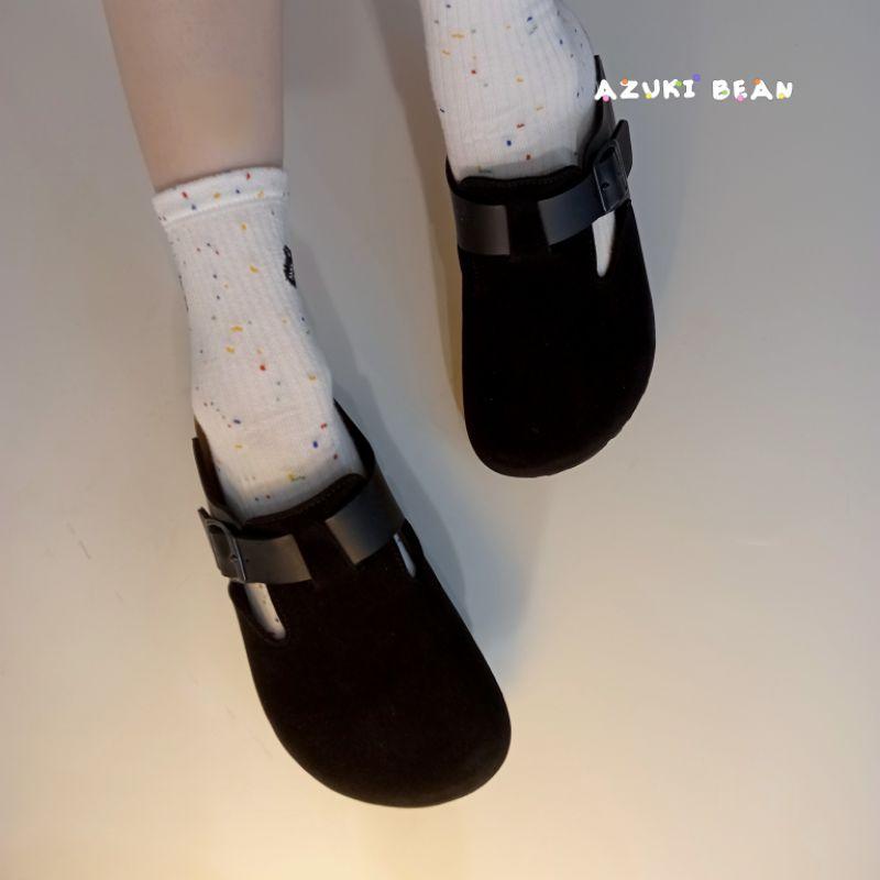 <紅豆是賣鞋的>女生黑皮拼黑絨穆勒鞋、🇹🇼製造優質百搭懶人鞋、中底牛皮吸汗+舒軟墊前包後空拖鞋-細節圖9