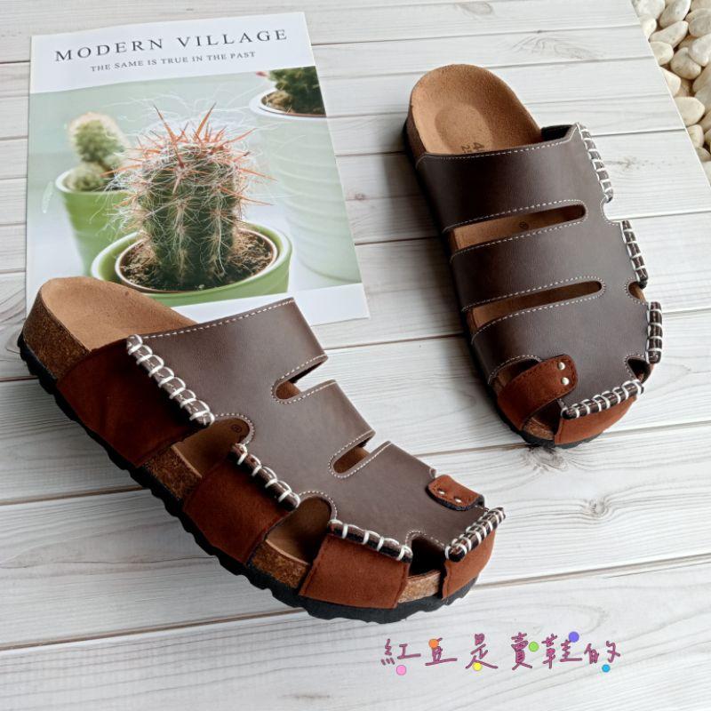 <紅豆是賣鞋的>👍小編狂推男生款懶人鞋🔥超好看鏤空造型穆勒鞋🇹🇼純手工縫線拖鞋、鞋面皮拼絨拖鞋、中底真牛皮吸汗好穿拖鞋一-細節圖5