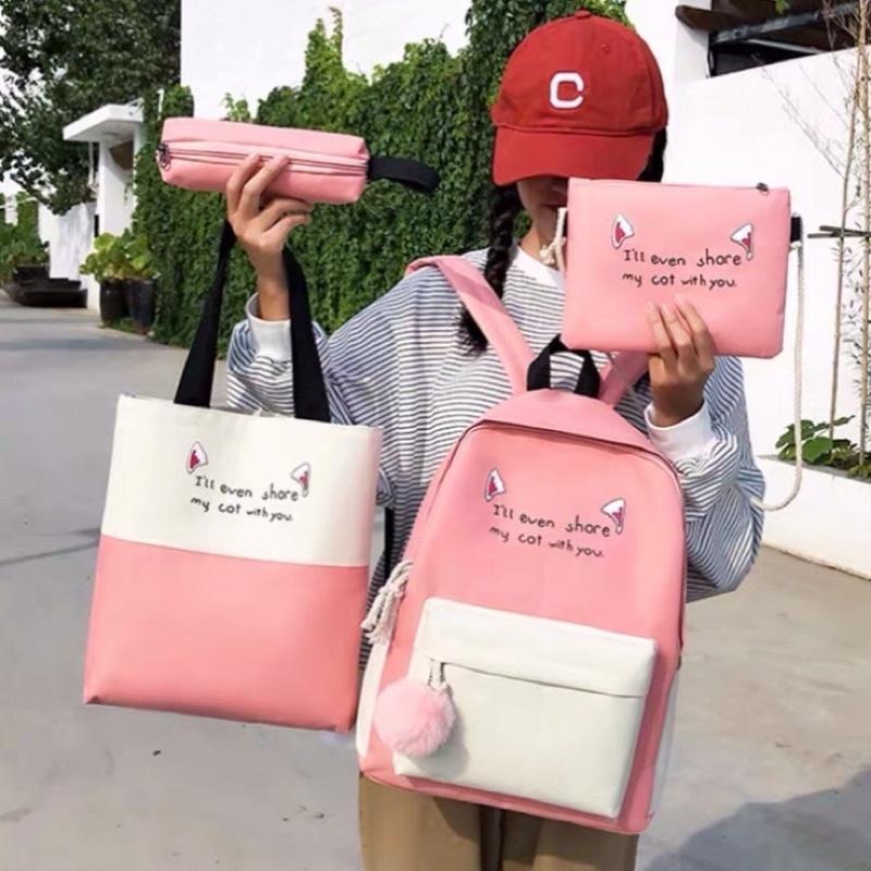 現貨 出清 4件套 書包❤️韓版學生潮女大容量帆布小學生書包小清新可愛雙肩包-細節圖3