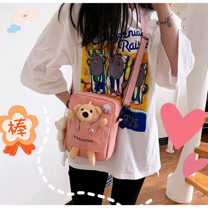 🍓小雨媽的童言童語🍓現貨網紅款熊熊斜背包百搭可愛萌翻天小熊包帆布斜背包兒童斜肩包兒童節禮物百搭兒童包包兒童包單肩包-細節圖5