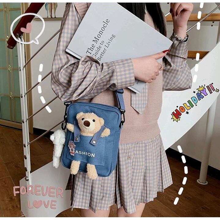 🍓小雨媽的童言童語🍓現貨網紅款熊熊斜背包百搭可愛萌翻天小熊包帆布斜背包兒童斜肩包兒童節禮物百搭兒童包包兒童包單肩包-細節圖6