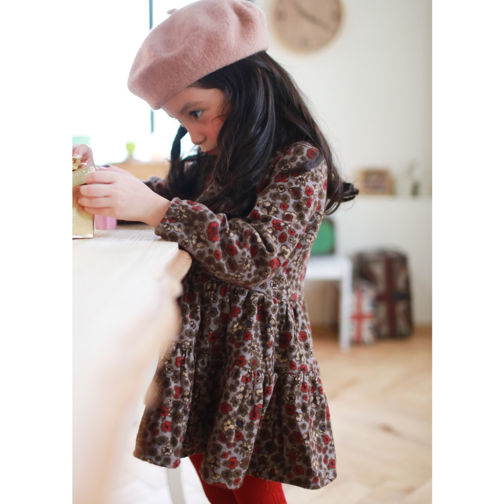 【台灣賣家24H出貨】秋冬新款現貨 歐風花卉洋裝 中小童長袖洋裝 鄉村風洋裝 碎花洋裝 女童洋裝 短絨洋裝 長袖連身裙-細節圖2