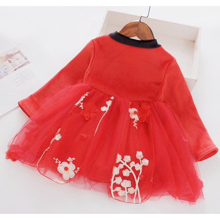 🍓小雨媽的童言童語🍓現貨~2021冬季女童連衣裙加绒盤扣中國風大紅色喜慶保暖洋裝漢服古風洋裝拜年喜氣連衣裙-細節圖2