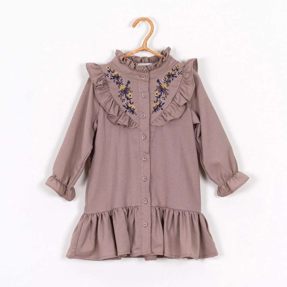 【台灣賣家24H出貨】現貨女童長袖洋裝 長袖連身裙 中小童刺繡連身裙 韓版女童洋裝 前開扣洋裝 薄長袖連身裙-細節圖2